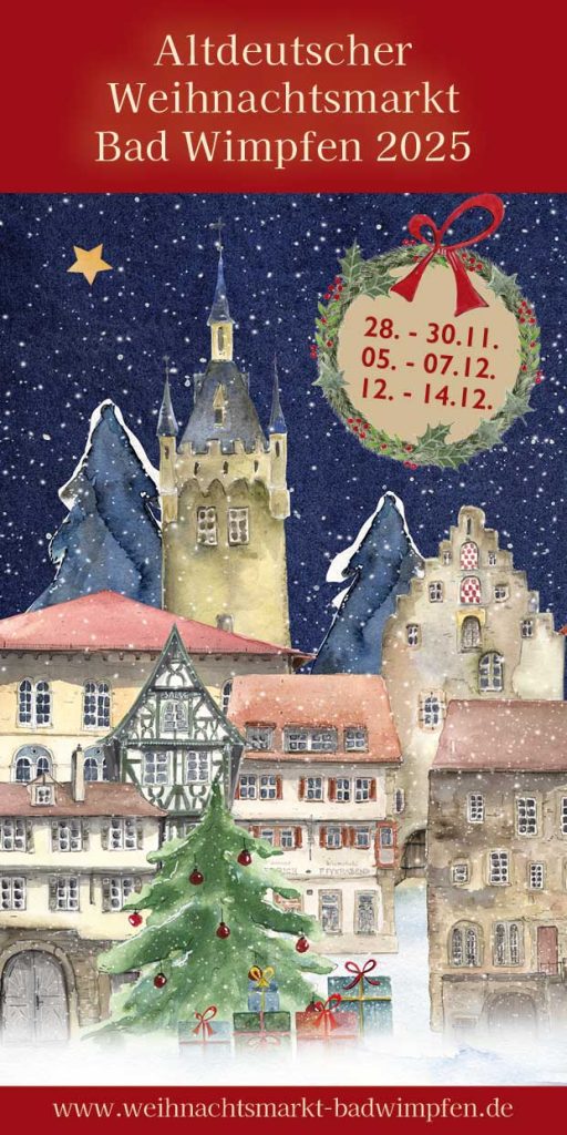 Flyer-Titelseite zum Weihnachtsmarkt Bad Wimpfen mit Terminen und Illustrationen von Fachwerkhäusern und dem blauen Turm