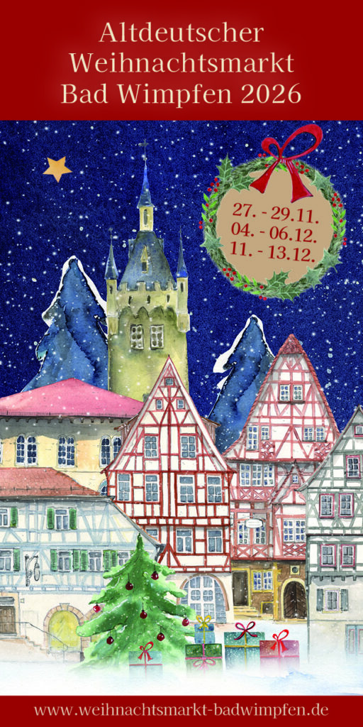 Cover Weihnachtsmarkt-Flyer-2026 mit einer Illustration von Fachwerkhäusern und dem blauen Turm in Bad Wimpfen